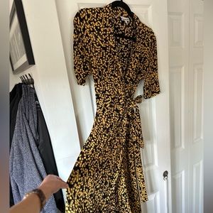 Ganni yellow and black print wrap dress